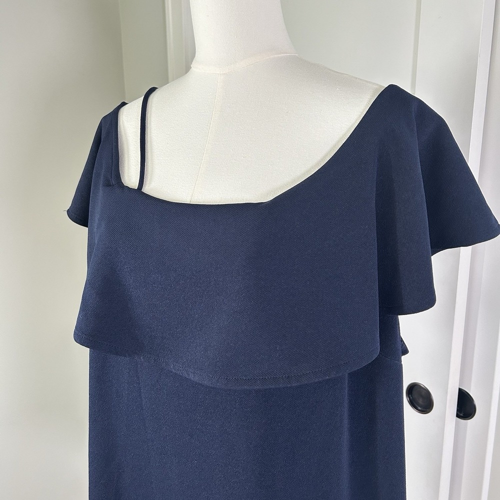 Banana Republic XL Navy Flutter Overlay Blouse Short Sleeve Stretch Top - Picture 3 of 10